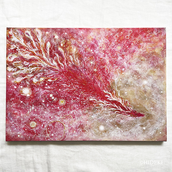 鳳凰のアクリル画は、ヒーリングアートでありエネルギー後でもあるHIDEKIの作品